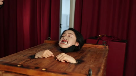 美女的嘴巴 “捕获一美女，关进木箱枷住脖子，露出头部，然后上道具 观赏。主要用了三种嘴巴刑具，强制喂... 第1张