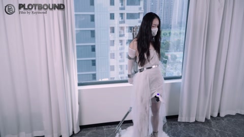 被禁锢在one bar prison上的婚纱+乳胶口罩模特的窗前展示（后半段突发奇想，突然拉开窗帘，... 第9张